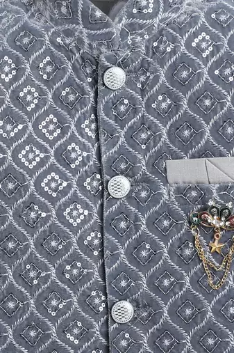 Boys silver grey velvet diamond motifs embroidered sequined sherwani & trousers set with necklace