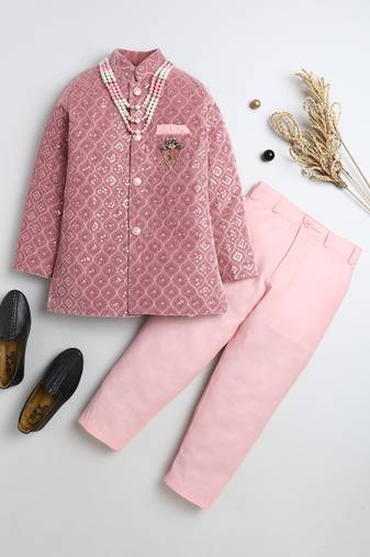 Boys blush pink velvet diamond motifs embroidered sequined sherwani & trousers set with necklace