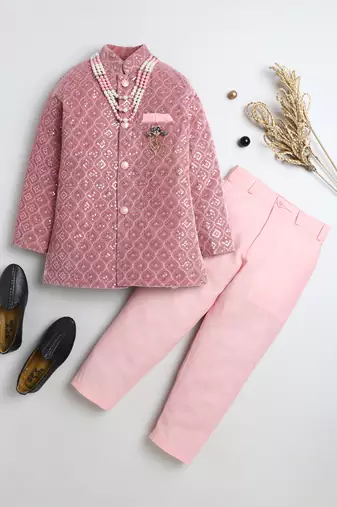 Boys blush pink velvet diamond motifs embroidered sequined sherwani & trousers set with necklace