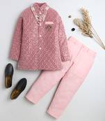 Boys blush pink velvet diamond motifs embroidered sequined sherwani & trousers set with necklace