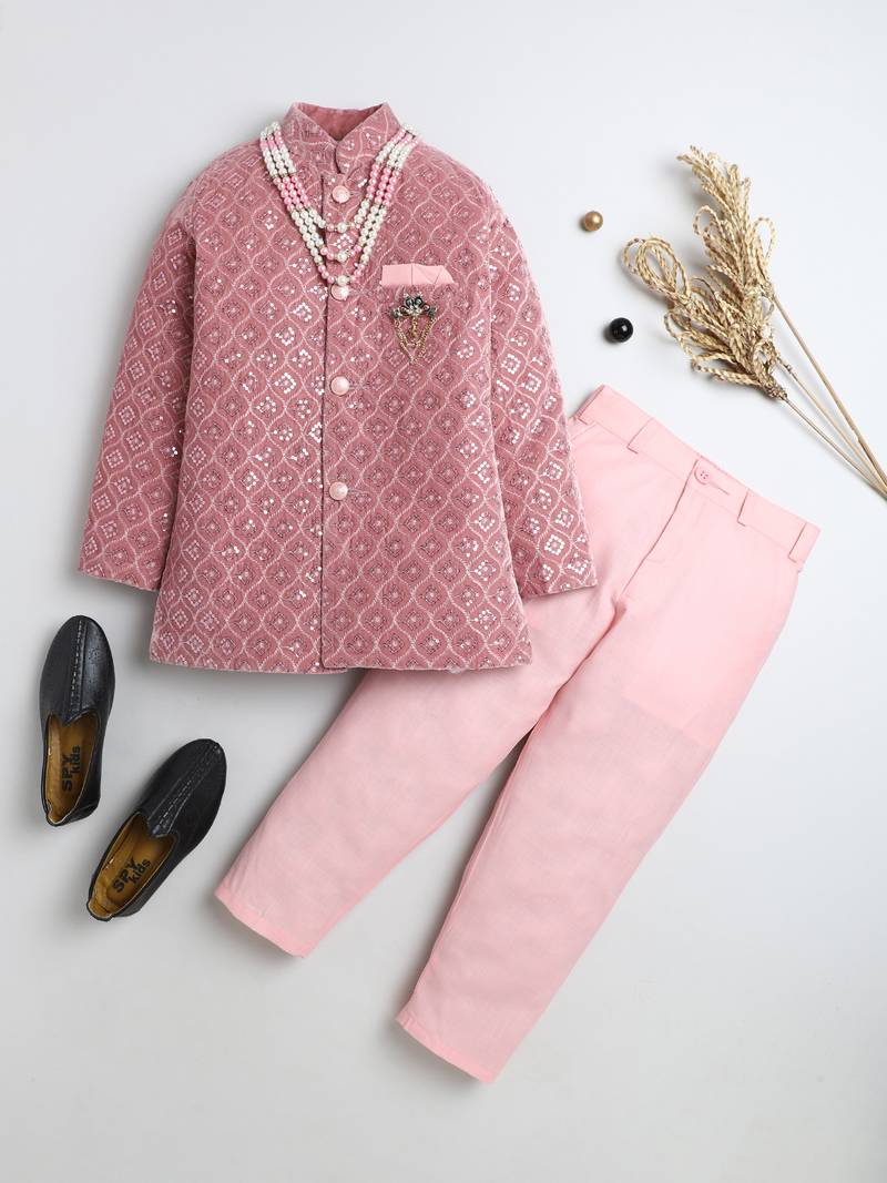 Boys blush pink velvet diamond motifs embroidered sequined sherwani & trousers set with necklace
