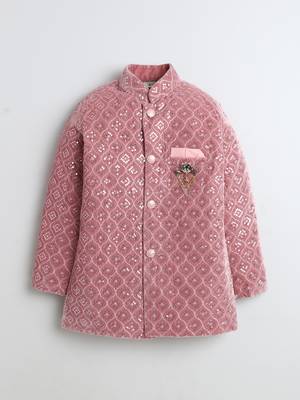 Boys blush pink velvet diamond motifs embroidered sequined sherwani & trousers set with necklace 2