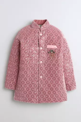 Boys blush pink velvet diamond motifs embroidered sequined sherwani & trousers set with necklace