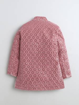 Boys blush pink velvet diamond motifs embroidered sequined sherwani & trousers set with necklace 3