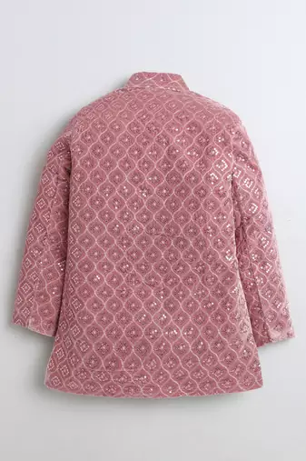 Boys blush pink velvet diamond motifs embroidered sequined sherwani & trousers set with necklace