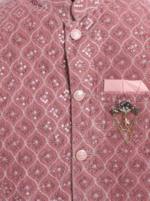 Boys blush pink velvet diamond motifs embroidered sequined sherwani & trousers set with necklace 4
