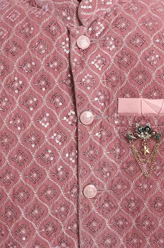 Boys blush pink velvet diamond motifs embroidered sequined sherwani & trousers set with necklace
