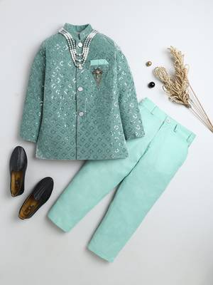 Boys mint green velvet diamond motifs embroidered sequined sherwani & trousers set with necklace 1