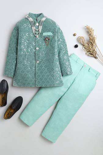 Boys mint green velvet diamond motifs embroidered sequined sherwani & trousers set with necklace