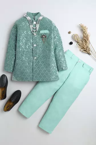 Boys mint green velvet diamond motifs embroidered sequined sherwani & trousers set with necklace