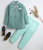 Boys mint green velvet diamond motifs embroidered sequined sherwani & trousers set with necklace