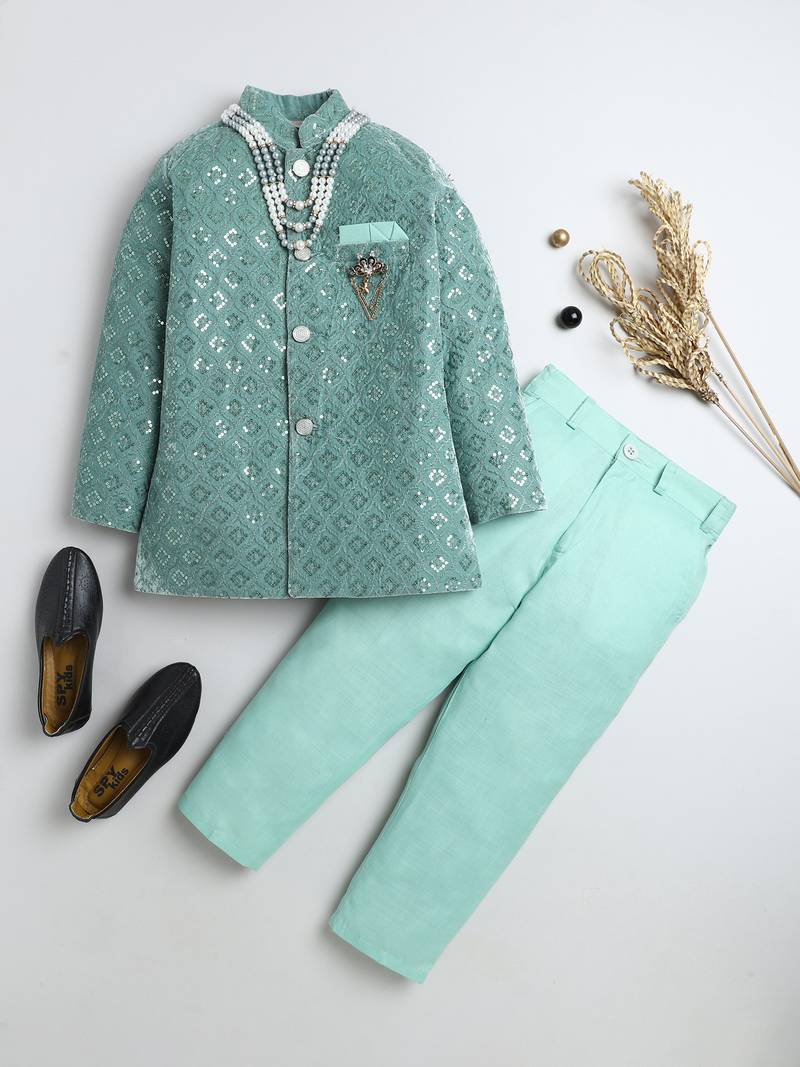 Boys mint green velvet diamond motifs embroidered sequined sherwani & trousers set with necklace