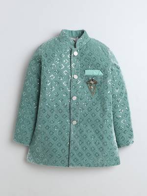 Boys mint green velvet diamond motifs embroidered sequined sherwani & trousers set with necklace 2