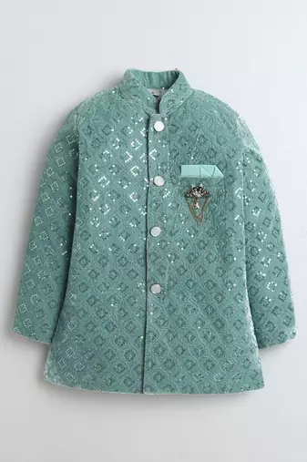 Boys mint green velvet diamond motifs embroidered sequined sherwani & trousers set with necklace