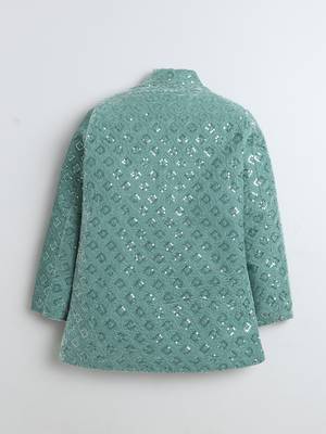 Boys mint green velvet diamond motifs embroidered sequined sherwani & trousers set with necklace 3