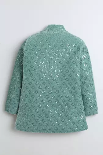 Boys mint green velvet diamond motifs embroidered sequined sherwani & trousers set with necklace