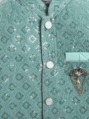 Boys mint green velvet diamond motifs embroidered sequined sherwani & trousers set with necklace 4