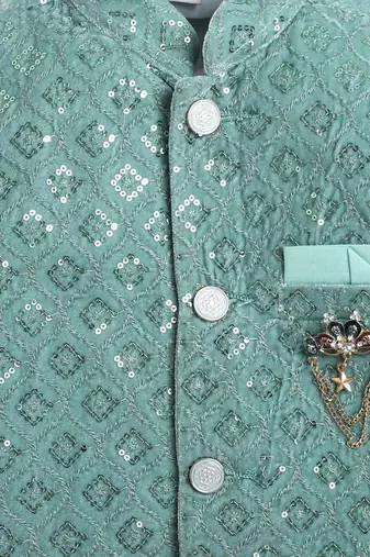 Boys mint green velvet diamond motifs embroidered sequined sherwani & trousers set with necklace