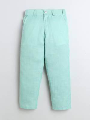 Boys mint green velvet diamond motifs embroidered sequined sherwani & trousers set with necklace 5