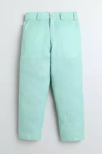 Boys mint green velvet diamond motifs embroidered sequined sherwani & trousers set with necklace