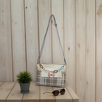 Cream Check Sling Bag for Women Stylish Crossbody Chain Handbag 1