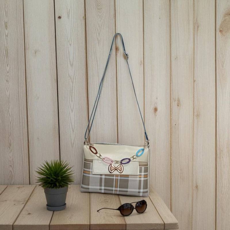 Cream Check Sling Bag for Women Stylish Crossbody Chain Handbag