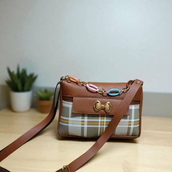 Brown Check Sling Bag for Women Stylish Crossbody Bow Chain Bag 1