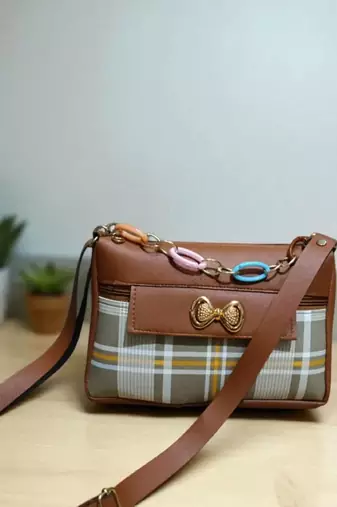 Brown Check Sling Bag for Women Stylish Crossbody Bow Chain Bag