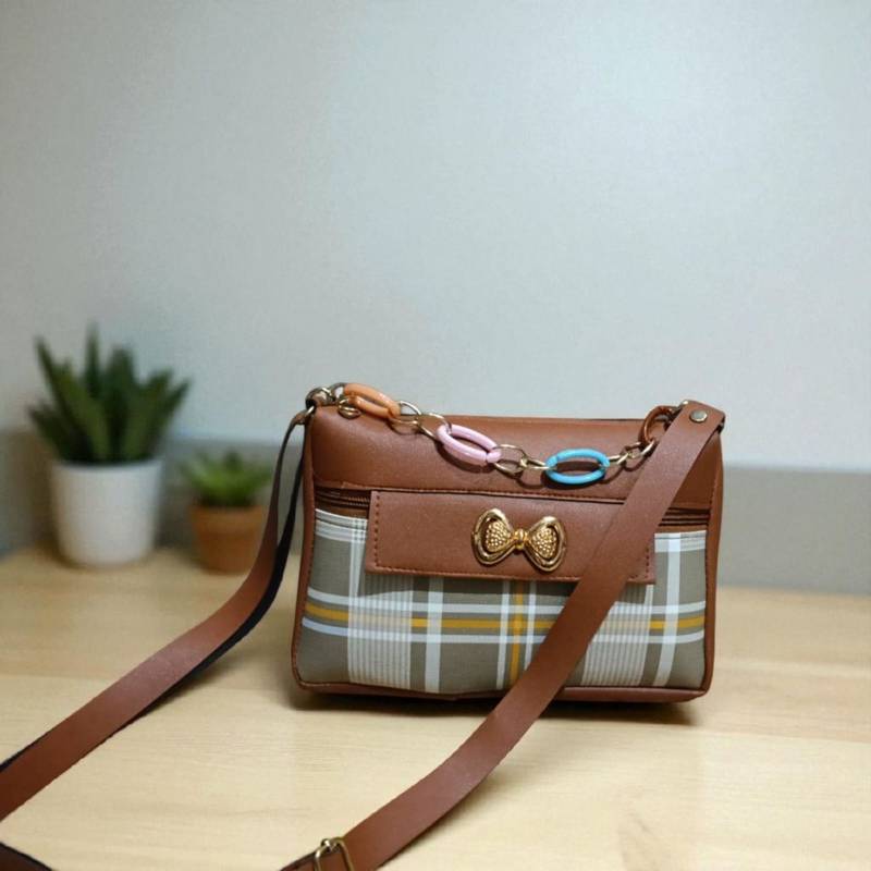 Brown Check Sling Bag for Women Stylish Crossbody Bow Chain Bag