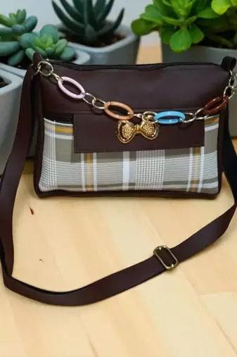 Women Brown Checks Sling Bag with Chain Strap Stylish Shoulder Bag