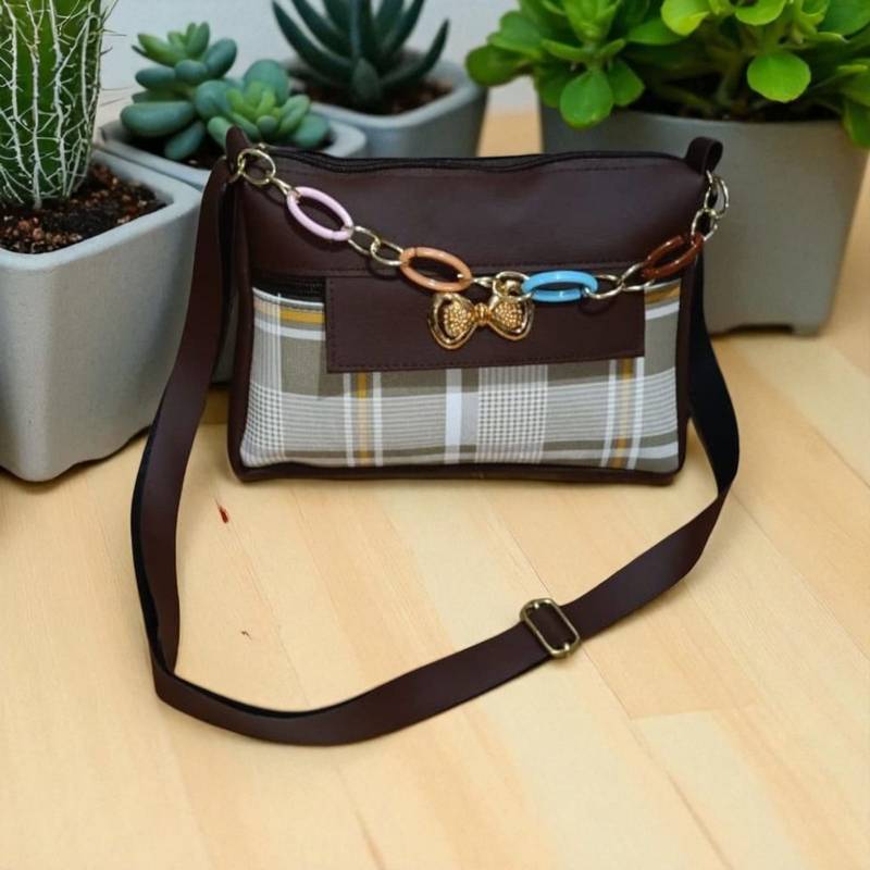 Women Brown Checks Sling Bag with Chain Strap Stylish Shoulder Bag