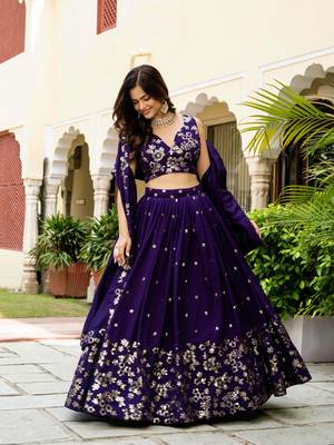 Gorgeous Purple Blue Dori & Sequins embroidered Vichitra Silk Indian latest designer wedding wear Lehenga choli 7