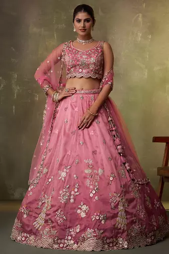 Pink Tissue Sequins embroidery Lehenga Choli With Dupatta