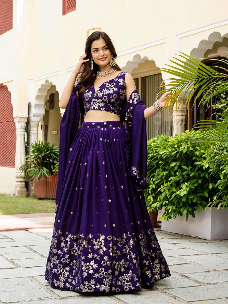 Gorgeous Purple Blue Dori & Sequins embroidered Vichitra Silk Indian latest designer wedding wear Lehenga choli