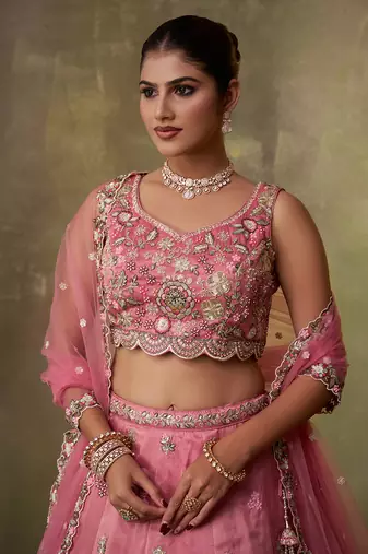 Pink Tissue Sequins embroidery Lehenga Choli With Dupatta