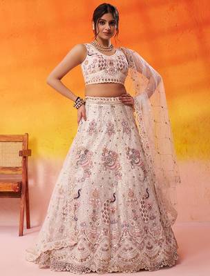 Cream Net Sequins embroidery Lehenga Choli With Dupatta 3