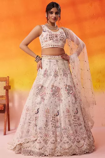 Cream Net Sequins embroidery Lehenga Choli With Dupatta