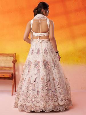 Cream Net Sequins embroidery Lehenga Choli With Dupatta 4