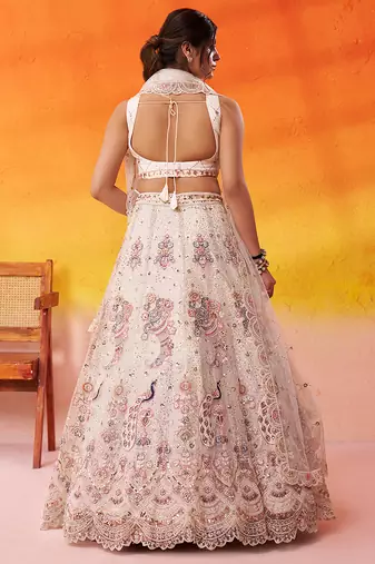 Cream Net Sequins embroidery Lehenga Choli With Dupatta