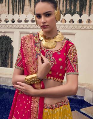yellow embroidered organza lehenga set choli with dupatta 3