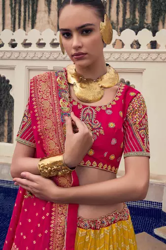 yellow embroidered organza lehenga set choli with dupatta