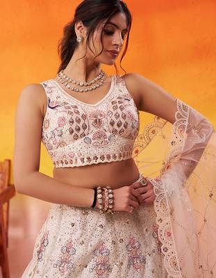 Cream Net Sequins embroidery Lehenga Choli With Dupatta 5