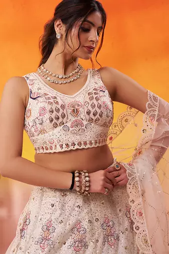 Cream Net Sequins embroidery Lehenga Choli With Dupatta