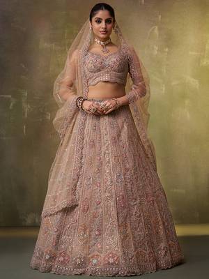 Beige Net Sequins embroidery Lehenga Choli With Dupatta 1
