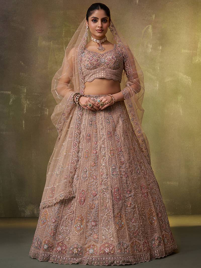 Beige Net Sequins embroidery Lehenga Choli With Dupatta