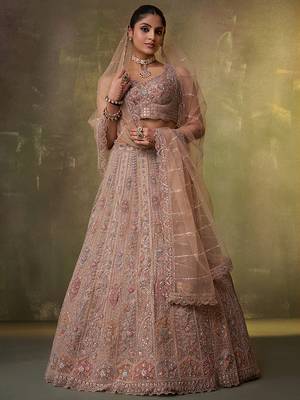 Beige Net Sequins embroidery Lehenga Choli With Dupatta 4