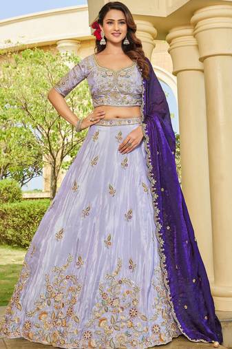 Stylish Lavender Embroidered Tissue Wedding Wear Lehenga Choli