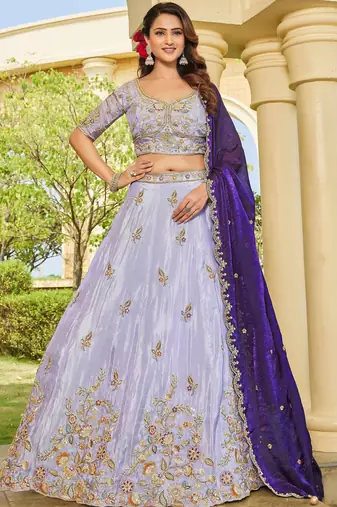 lavender embroidered tissue lehenga set choli with dupatta