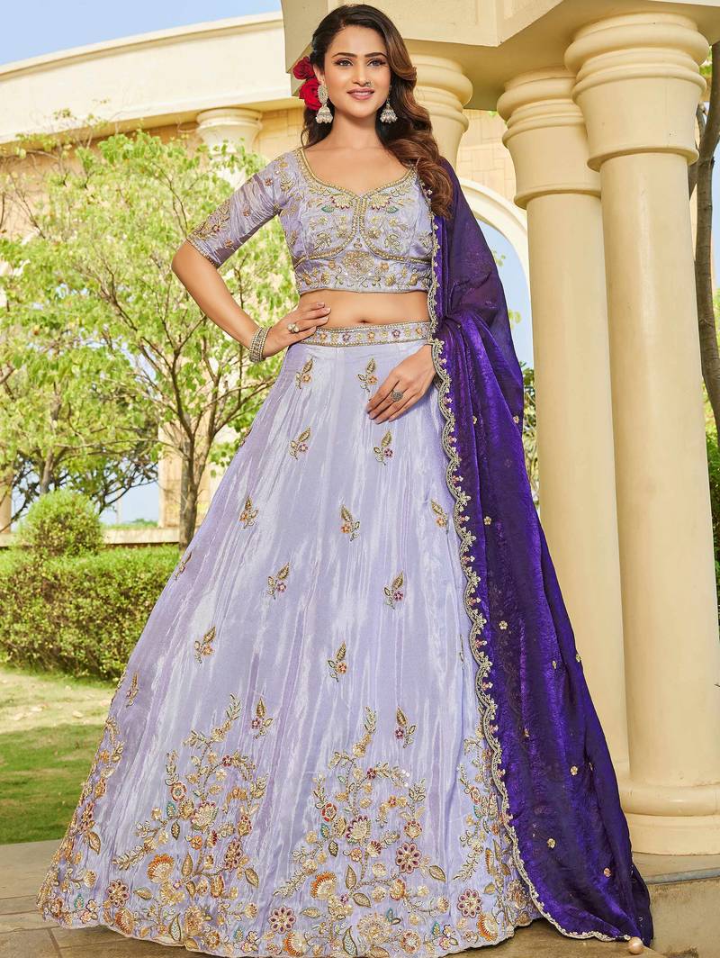 lavender embroidered tissue lehenga set choli with dupatta