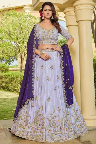 lavender embroidered tissue lehenga set choli with dupatta